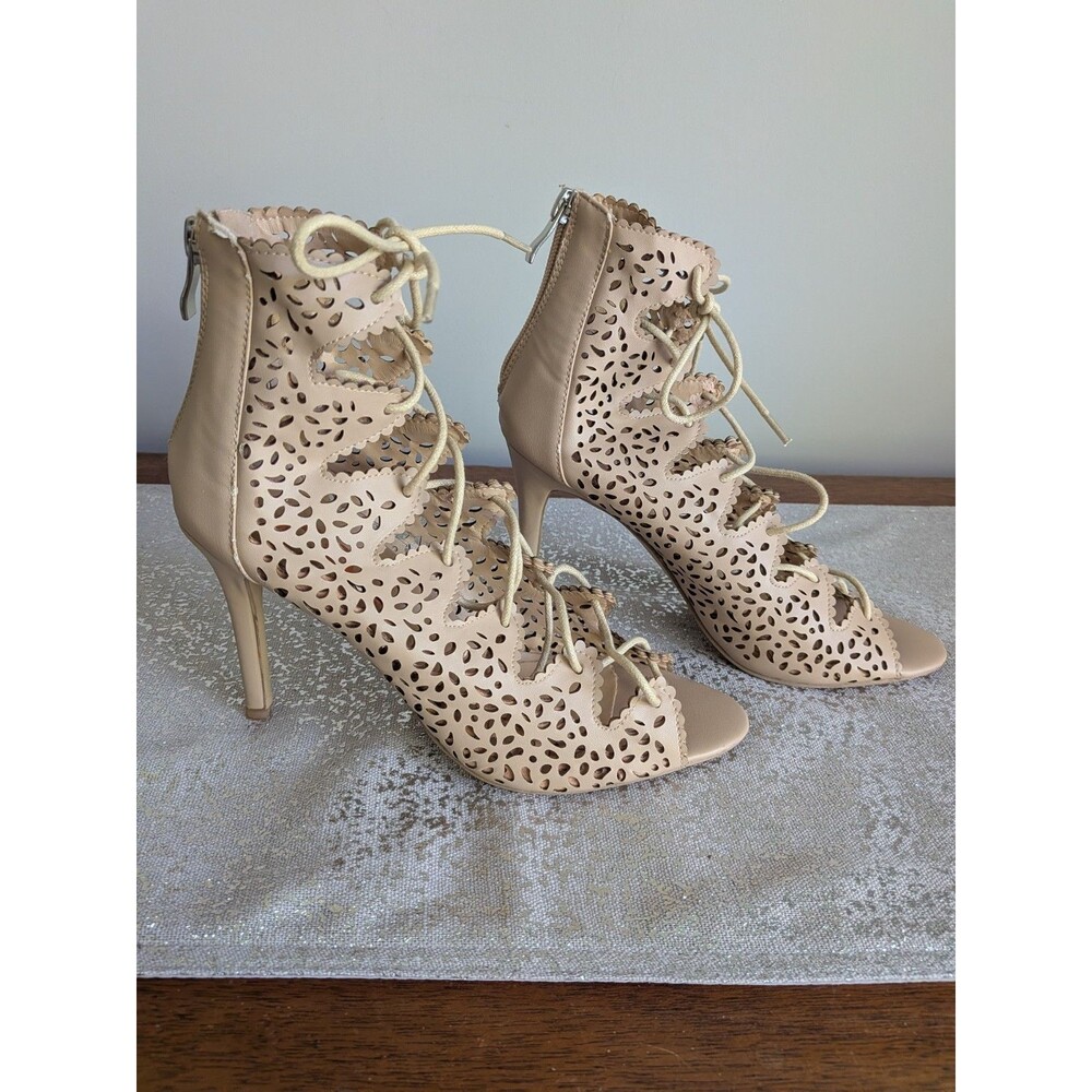 FSJ Shoes Women's 7 Tan Laser Cut Lace Up Ties Stiletto 4" Heels Pumps Coquette